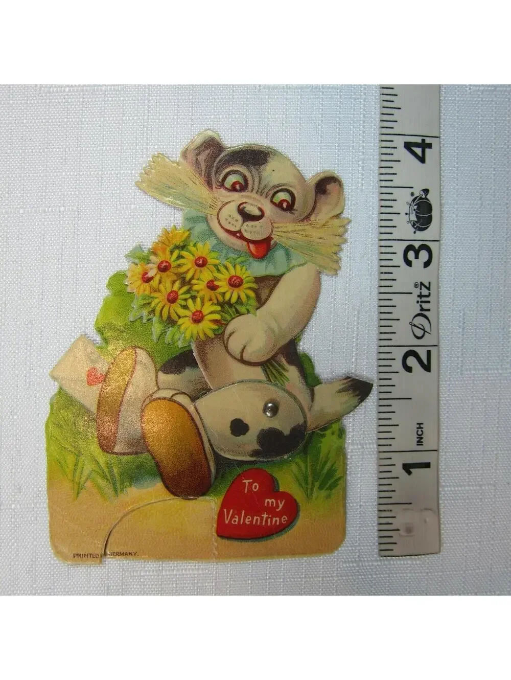 Vintage Valentine Card Mechanical Puppy Dog w/ Flowers Stand Up Germany 1920-30s